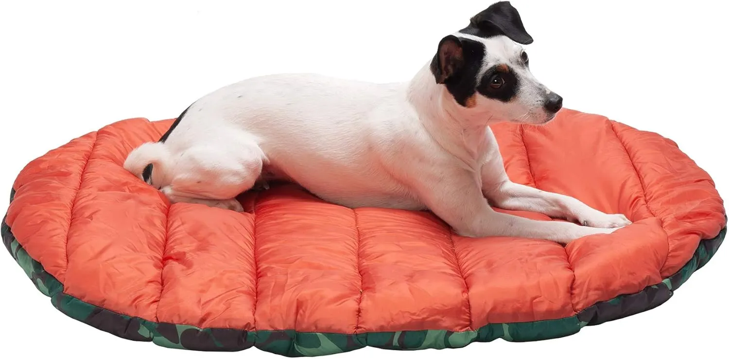 Furhaven Outdoor Travel Dog Bed for Small Dogs w/ Carry Bag, Washable & Foldable, Great for Crates & Kennels - Trail Pup Travel Pillow Mat w/ Stuff Sack Bag - Paprika/Camo-Paw, Small