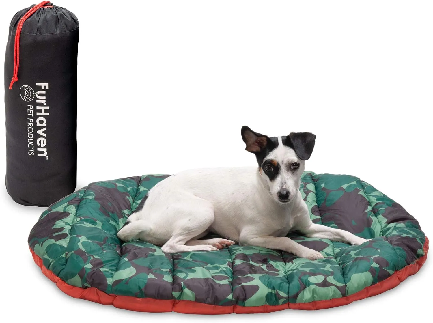 Furhaven Outdoor Travel Dog Bed for Small Dogs w/ Carry Bag, Washable & Foldable, Great for Crates & Kennels - Trail Pup Travel Pillow Mat w/ Stuff Sack Bag - Paprika/Camo-Paw, Small
