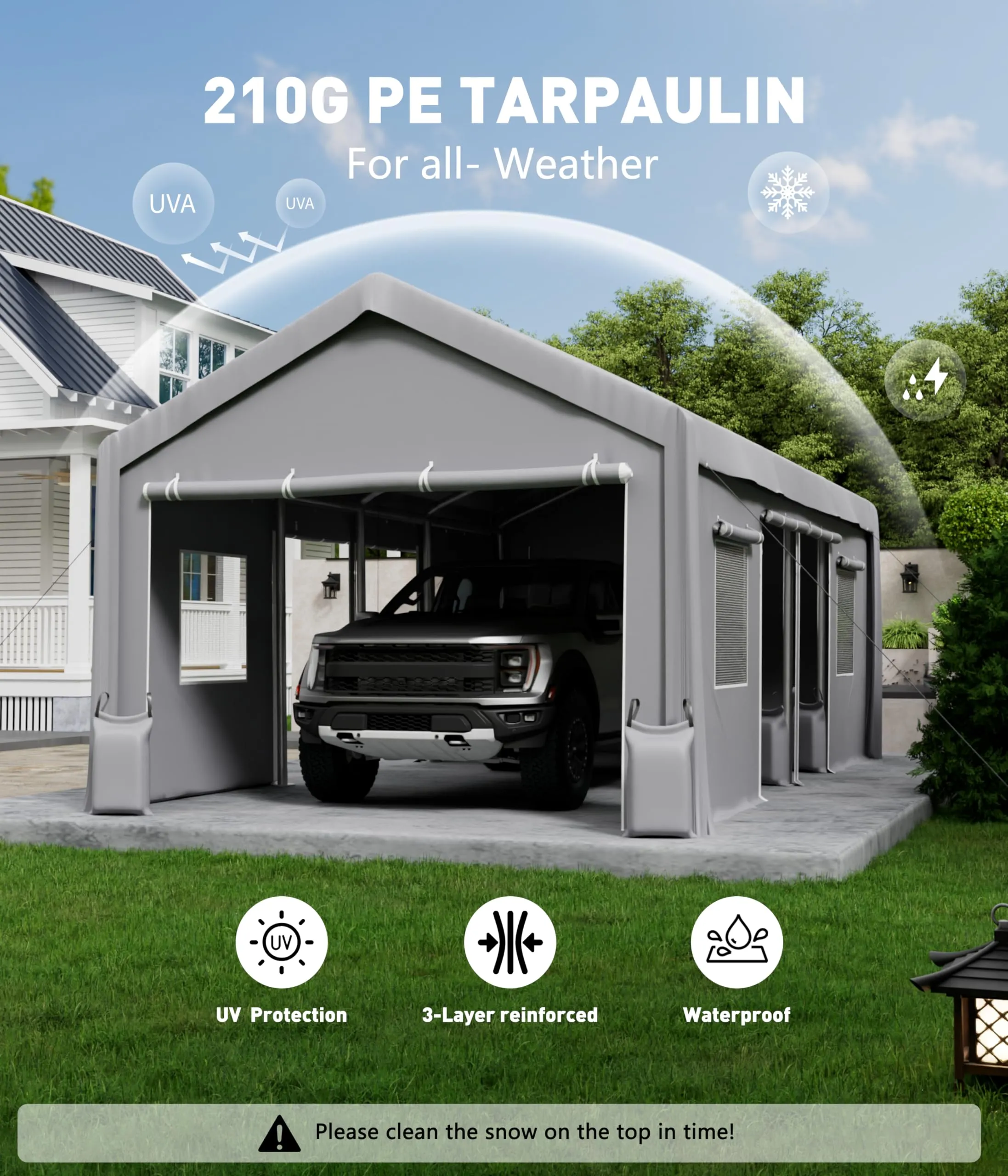GarveeLife 25'x 13'x 11' Windproof Carport Top Replacement Cover Grey Heavy-Duty Garage Top Tent Shelter Tarp Waterproof & UV Protected (Top Cover ONLY, Frame Not Included)