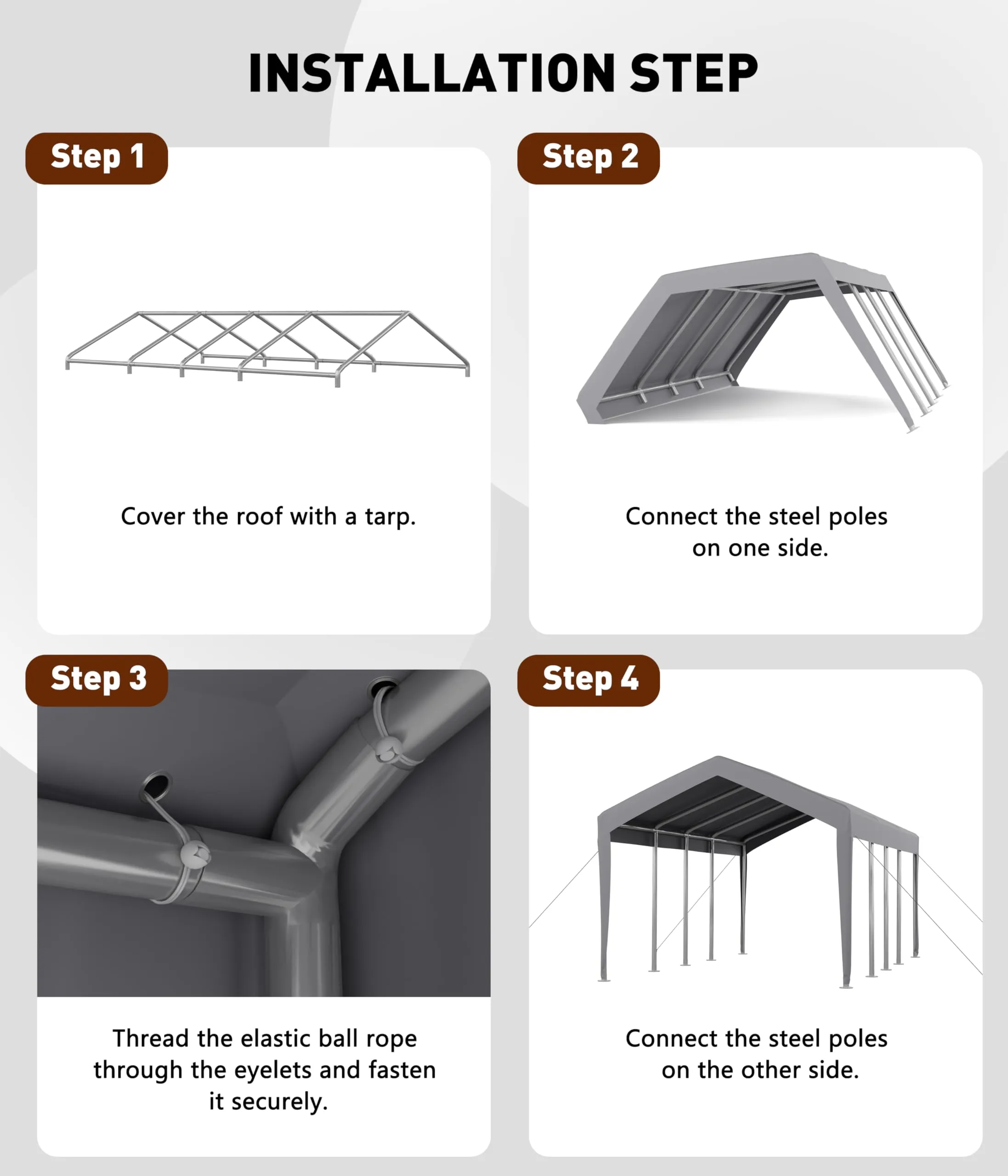 GarveeLife 25'x 13'x 11' Windproof Carport Top Replacement Cover Grey Heavy-Duty Garage Top Tent Shelter Tarp Waterproof & UV Protected (Top Cover ONLY, Frame Not Included)