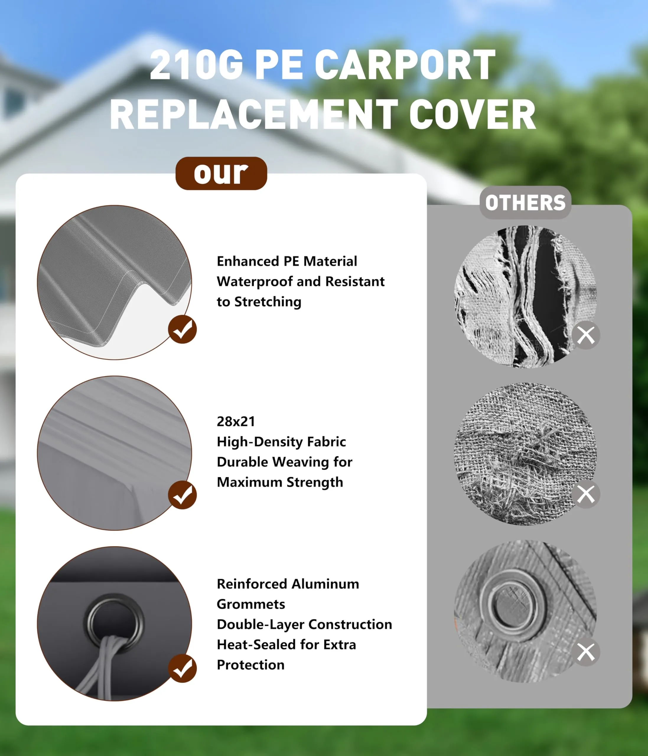 GarveeLife 25'x 13'x 11' Windproof Carport Top Replacement Cover Grey Heavy-Duty Garage Top Tent Shelter Tarp Waterproof & UV Protected (Top Cover ONLY, Frame Not Included)