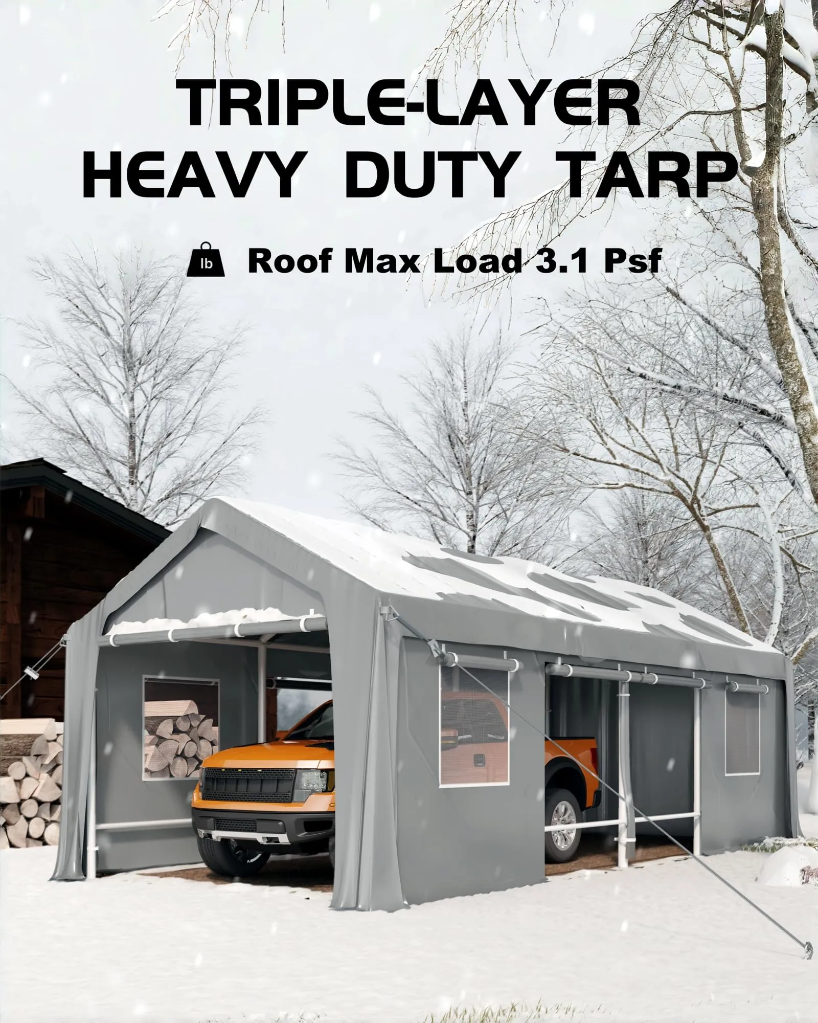 GarveeLife 25'x 13'x 11' Windproof Carport Top Replacement Cover Grey Heavy-Duty Garage Top Tent Shelter Tarp Waterproof & UV Protected (Top Cover ONLY, Frame Not Included)