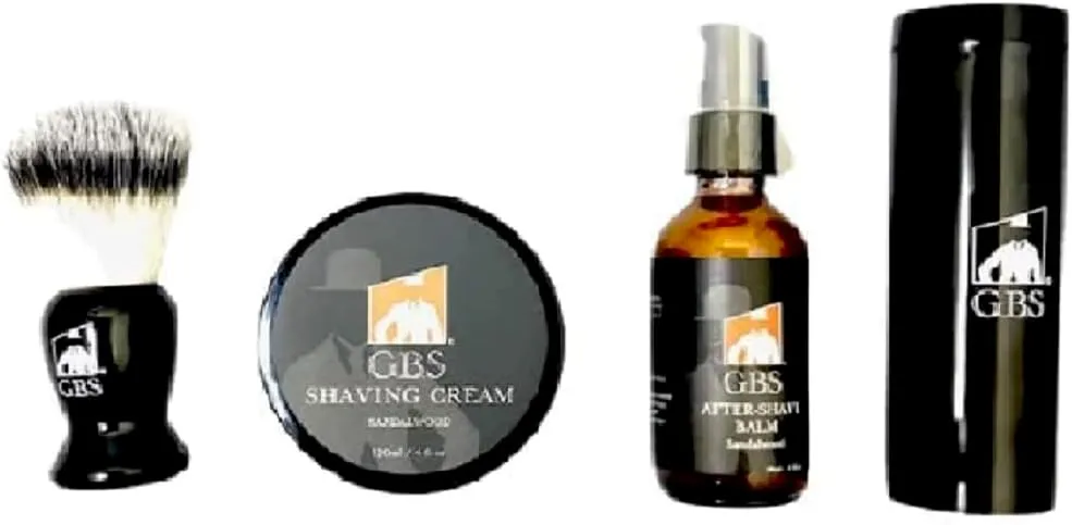 G.B.S 3 STEP SHAVING KIT - SYNTHETIC BRUSH, 4 oz SANDALWOOD SHAVING CREAM   2 oz AFTERSHAVE BALM   TRAVEL CANNISTER