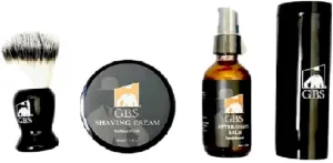 G.B.S 3 STEP SHAVING KIT - SYNTHETIC BRUSH, 4 oz SANDALWOOD SHAVING CREAM   2 oz AFTERSHAVE BALM   TRAVEL CANNISTER