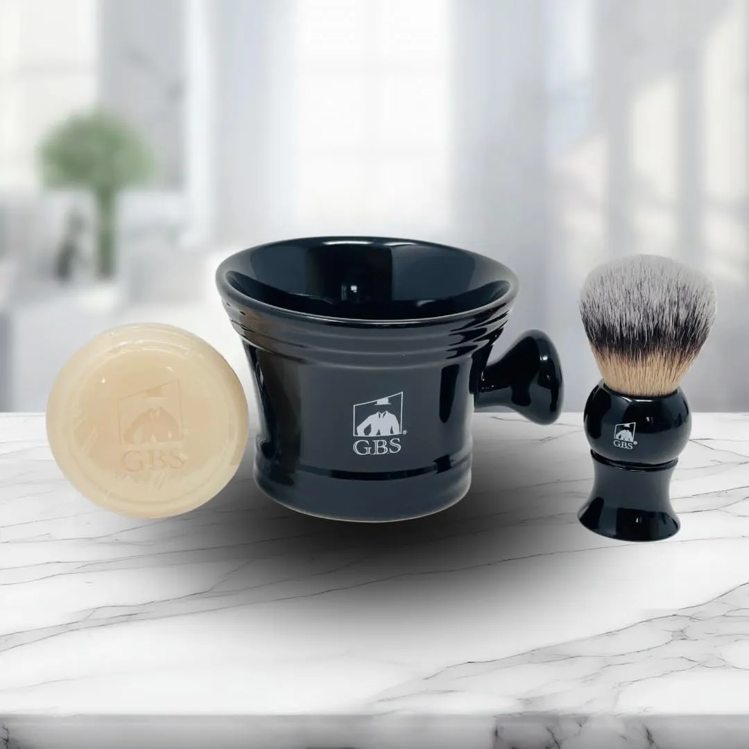 G.B.S Stylish Shaving Set - Shave Ready Straight Razor, Honing Sharpening Strop, Leather Case for Straight Razor, Ceramic Mug, Synthetic Brush with Stand, Alum & Shaving Soap, Black