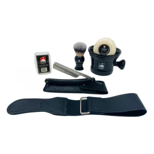 G.B.S Stylish Shaving Set - Shave Ready Straight Razor, Honing Sharpening Strop, Leather Case for Straight Razor, Ceramic Mug, Synthetic Brush with Stand, Alum & Shaving Soap, Black