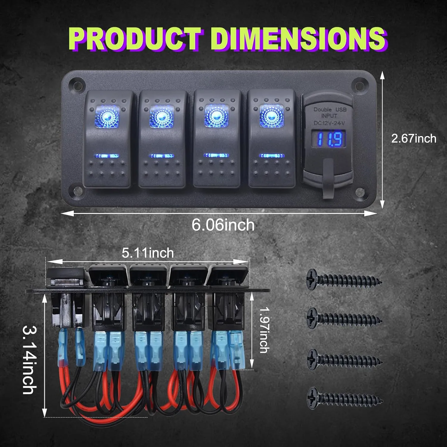 Geloo 4 Gang Rocker Switch Panel Boat Switch Panel Waterproof with 4.8A Dual USB Charger LED Voltmeter, 12V Marine Switch Panel Aluminum Panel for Car Boat Trucks RV(Blue)