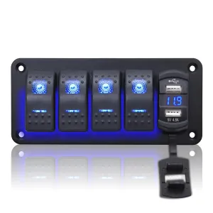 Geloo 4 Gang Rocker Switch Panel Boat Switch Panel Waterproof with 4.8A Dual USB Charger LED Voltmeter, 12V Marine Switch Panel Aluminum Panel for Car Boat Trucks RV(Blue)