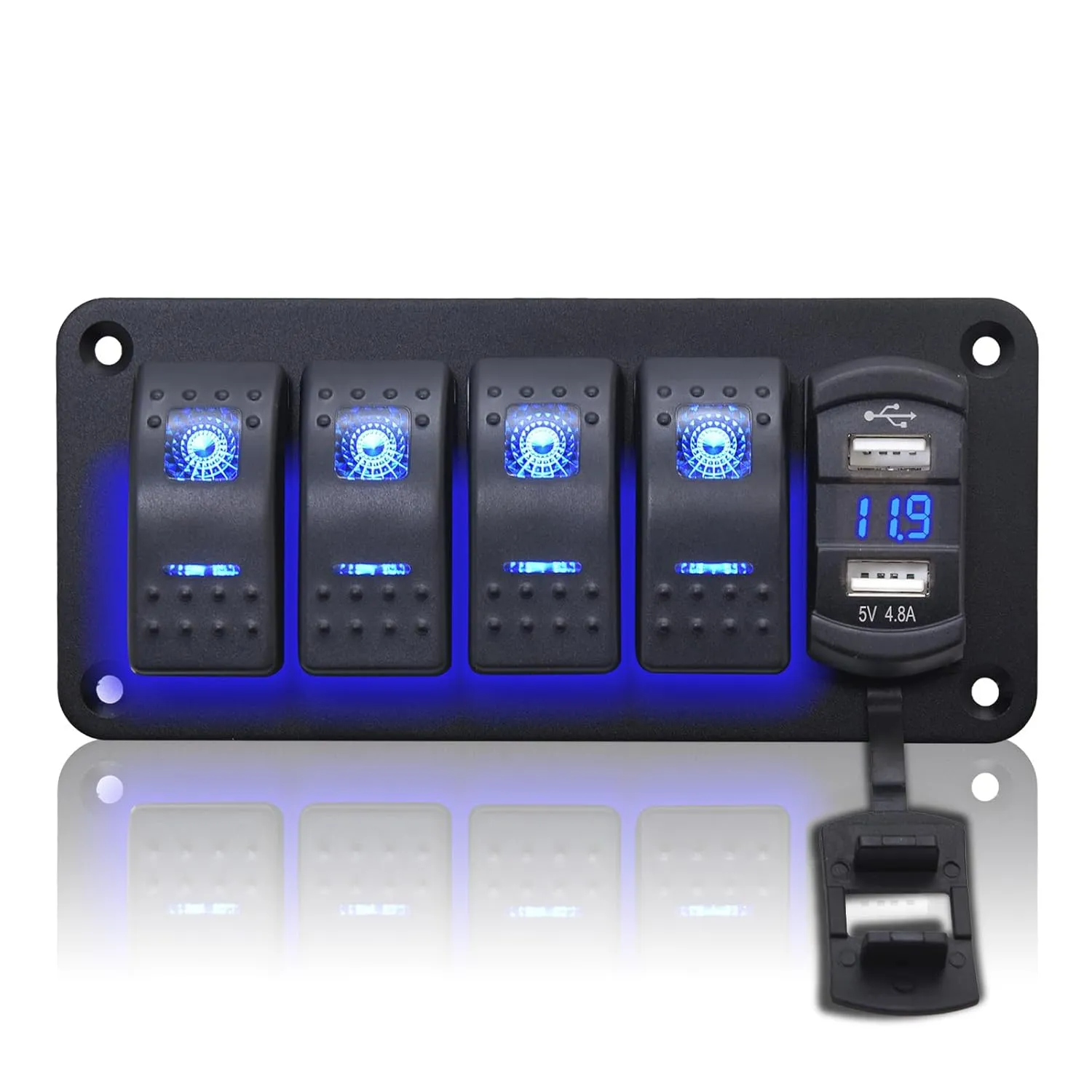 Geloo 4 Gang Rocker Switch Panel Boat Switch Panel Waterproof with 4.8A Dual USB Charger LED Voltmeter, 12V Marine Switch Panel Aluminum Panel for Car Boat Trucks RV(Blue)