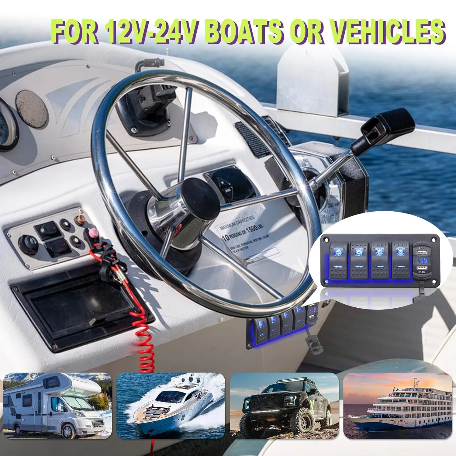 Geloo 4 Gang Rocker Switch Panel Boat Switch Panel Waterproof with 4.8A Dual USB Charger LED Voltmeter, 12V Marine Switch Panel Aluminum Panel for Car Boat Trucks RV(Blue)