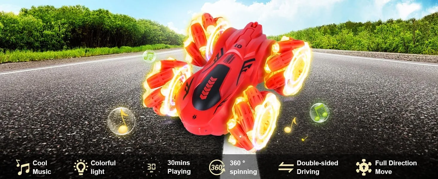 Gesture Sensing RC Stunt Car,360° Spins Double Sided Hand Controlled RC Car Glove Controlled Twist Remote Control Car with Lights Music Birthday Gifts Toys for Boys Age 6 7 8 9 10 11 12