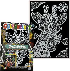 Giraffe Velvet Coloring Poster for Kids and Adults- Safari Arts and Craft Kit Includes a 11.75” x 8.25” Picture and 12 Watercolor Markers- Ideal for Travel- Boys and Girls 3 