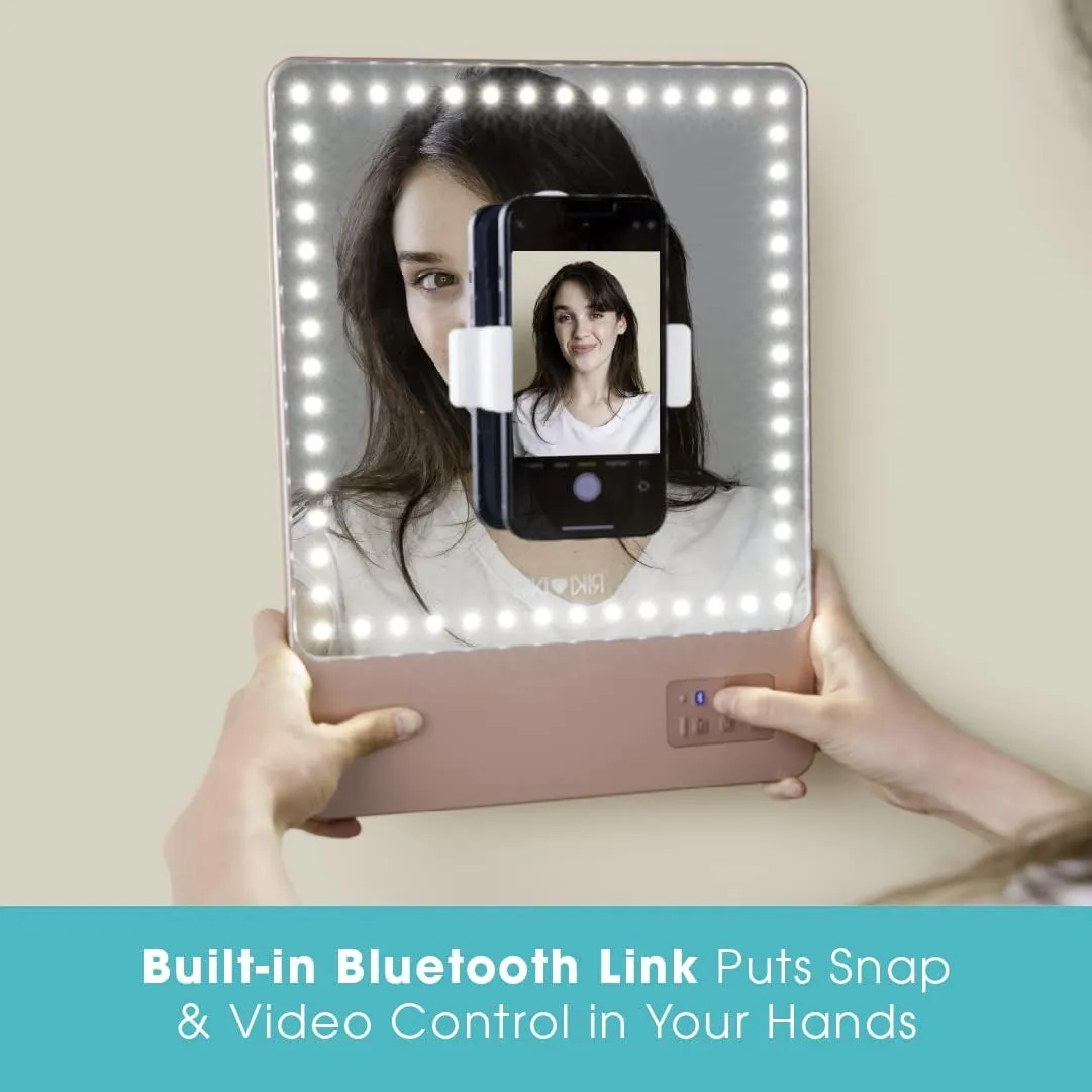Glamcor Riki Skinny Smart Vanity Mirror with HD LEDs, Magnifying Mirror Attachment, Phone Holder and Bluetooth Control (Rose Gold, 10X Magnification)