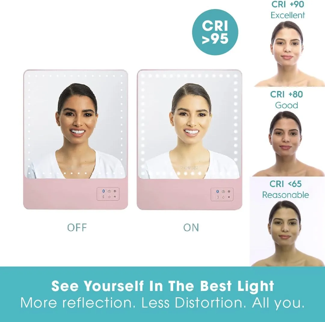 Glamcor Riki Skinny Smart Vanity Mirror with HD LEDs, Magnifying Mirror Attachment, Phone Holder and Bluetooth Control (Rose Gold, 10X Magnification)