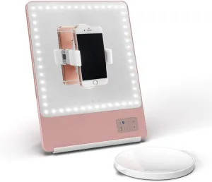 Glamcor Riki Skinny Smart Vanity Mirror with HD LEDs, Magnifying Mirror Attachment, Phone Holder and Bluetooth Control (Rose Gold, 10X Magnification)