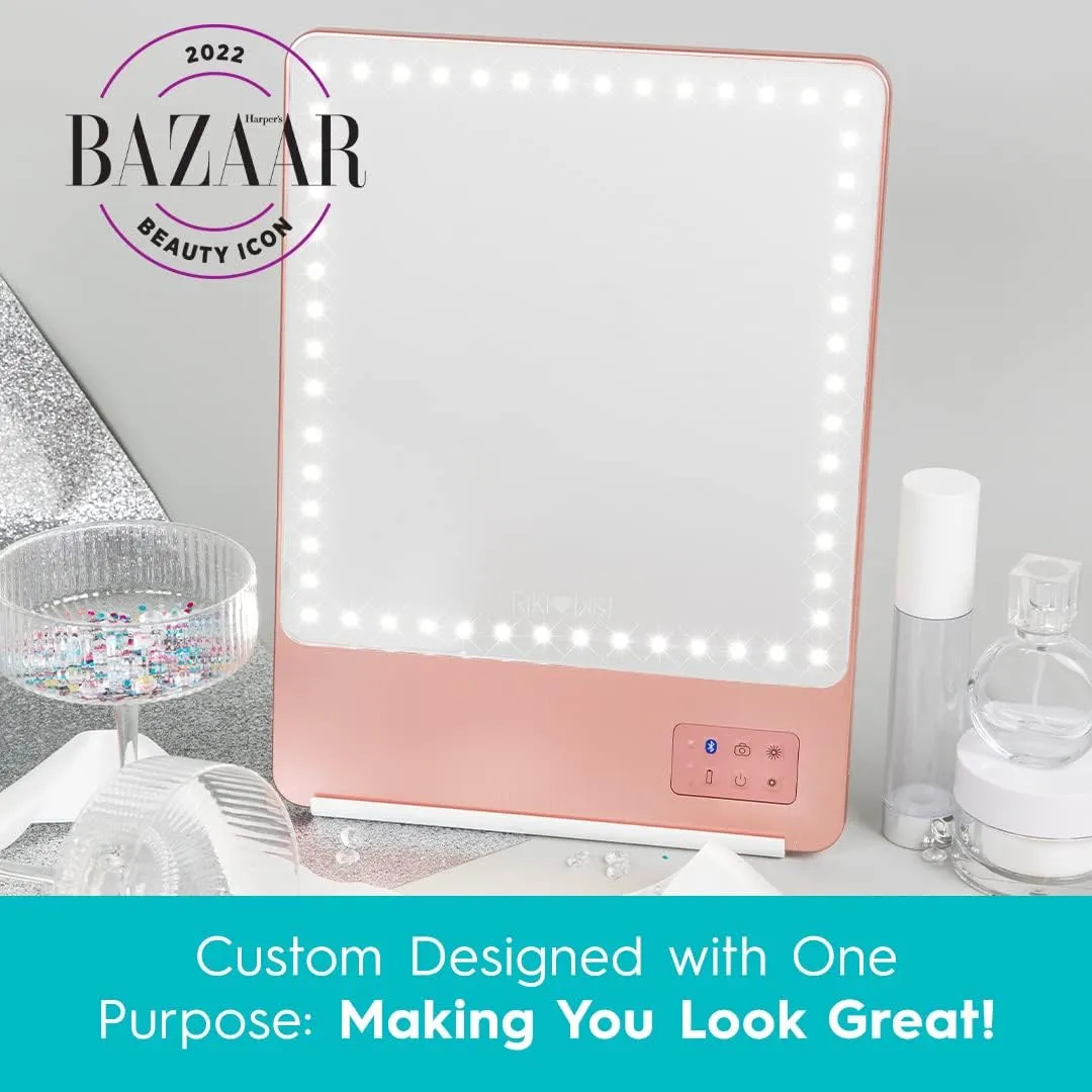 Glamcor Riki Skinny Smart Vanity Mirror with HD LEDs, Magnifying Mirror Attachment, Phone Holder and Bluetooth Control (Rose Gold, 10X Magnification)