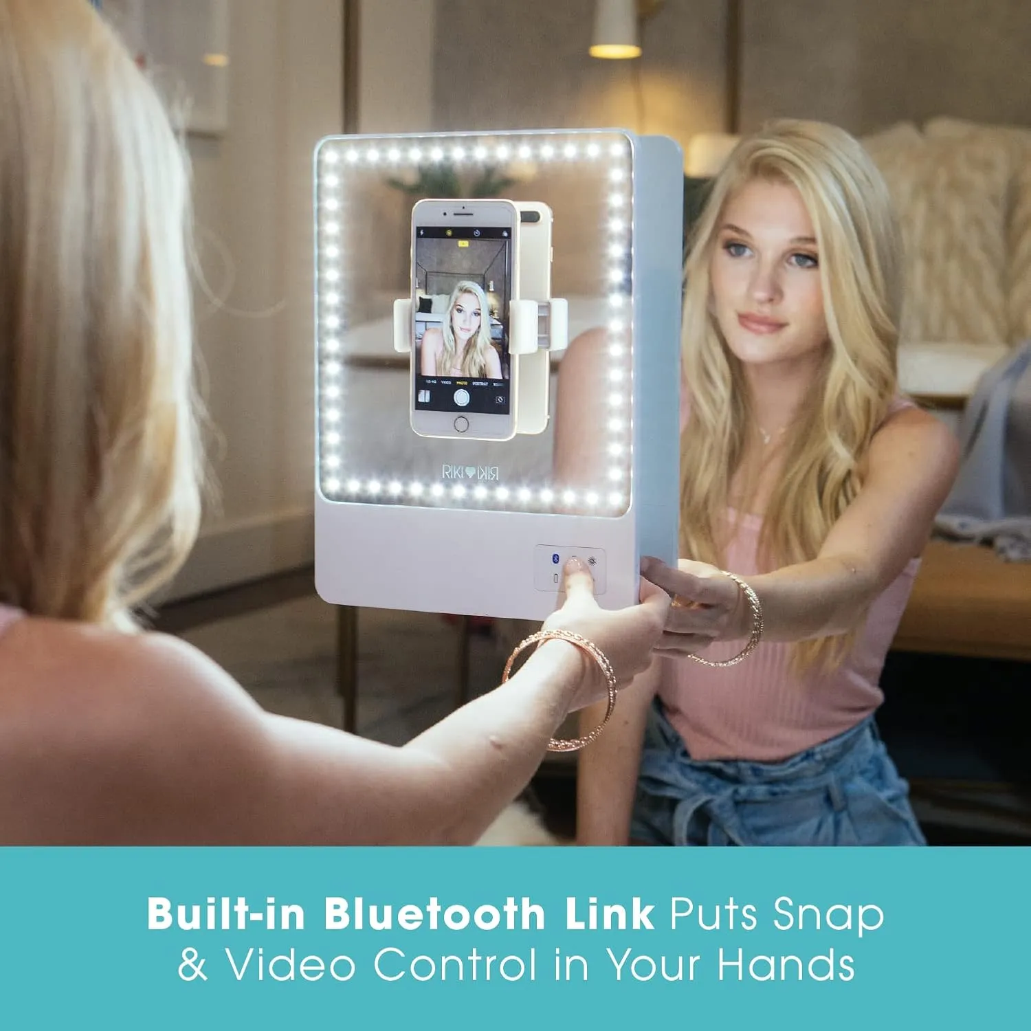 Glamcor Riki Skinny Smart Vanity Mirror with HD LEDs, Magnifying Mirror Attachment, Phone Holder and Bluetooth Control (White, 5X Magnification)