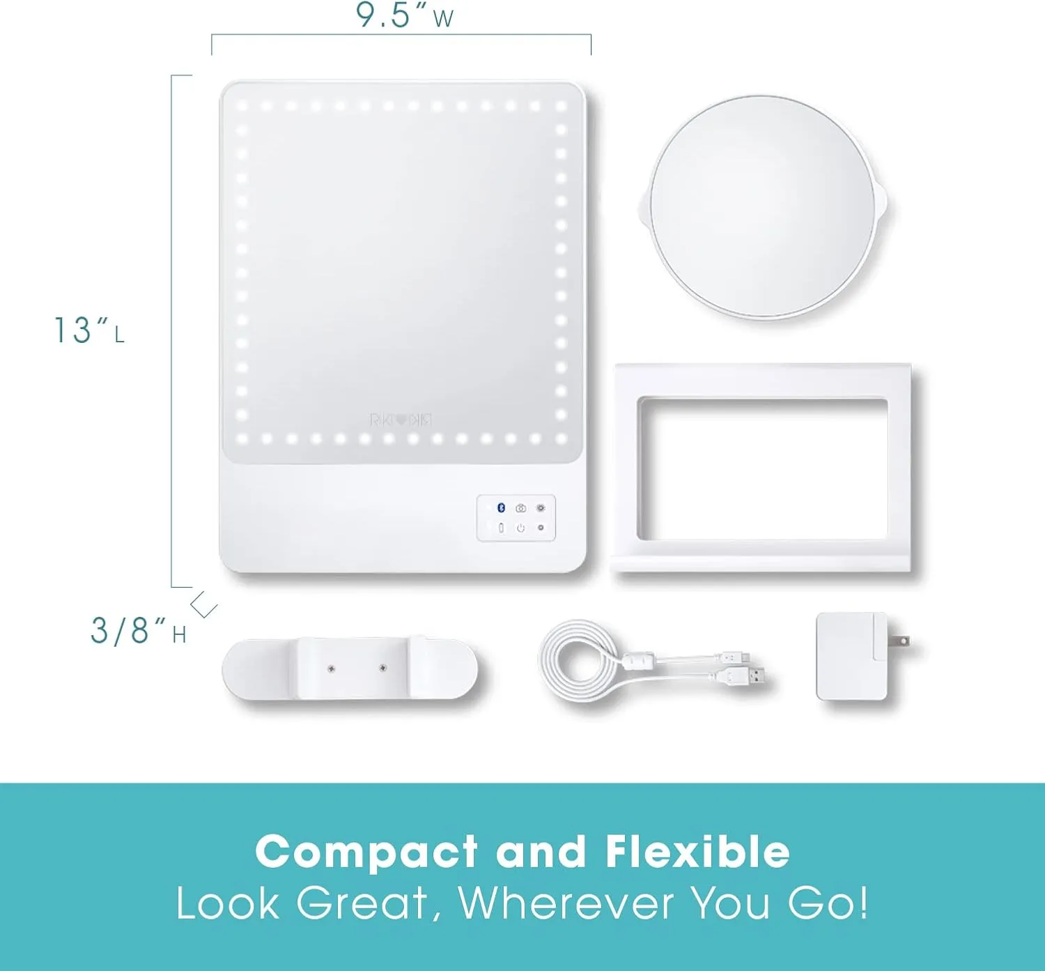 Glamcor Riki Skinny Smart Vanity Mirror with HD LEDs, Magnifying Mirror Attachment, Phone Holder and Bluetooth Control (White, 5X Magnification)