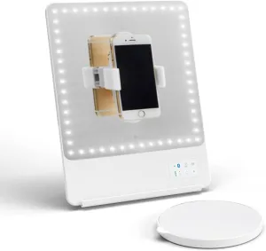 Glamcor Riki Skinny Smart Vanity Mirror with HD LEDs, Magnifying Mirror Attachment, Phone Holder and Bluetooth Control (White, 5X Magnification)