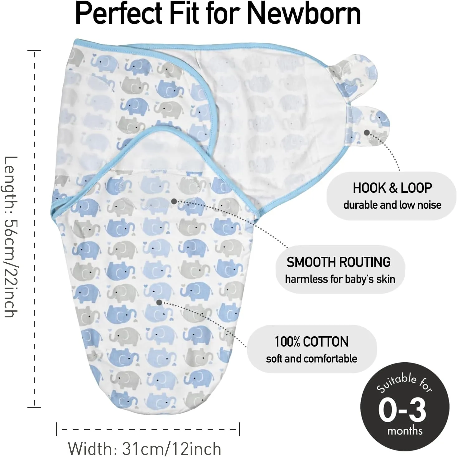 GLLQUEN BABY Swaddle Sleep Sack - 3 Pack Infant Swaddles for Newborn, Baby Swaddling Sack 0-3 Months, Ergonomic Newborn Swaddle Blanket for Baby Boy and Girl, Blue & Elephants