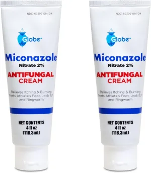 Globe (2 Pack Miconazole Nitrate 2% Cream (4 oz) Cures Most Athletes Foot, Jock Itch, Ringworm and More.