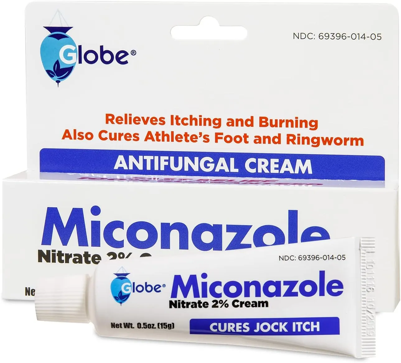 Globe Miconazole Nitrate 2% Antifungal Cream 0.5 oz, Cures Most Athletes Foot, Jock Itch, Ringworm. (2 Pack)