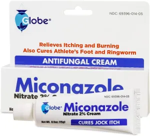 Globe Miconazole Nitrate 2% Antifungal Cream 0.5 oz, Cures Most Athletes Foot, Jock Itch, Ringworm. (2 Pack)