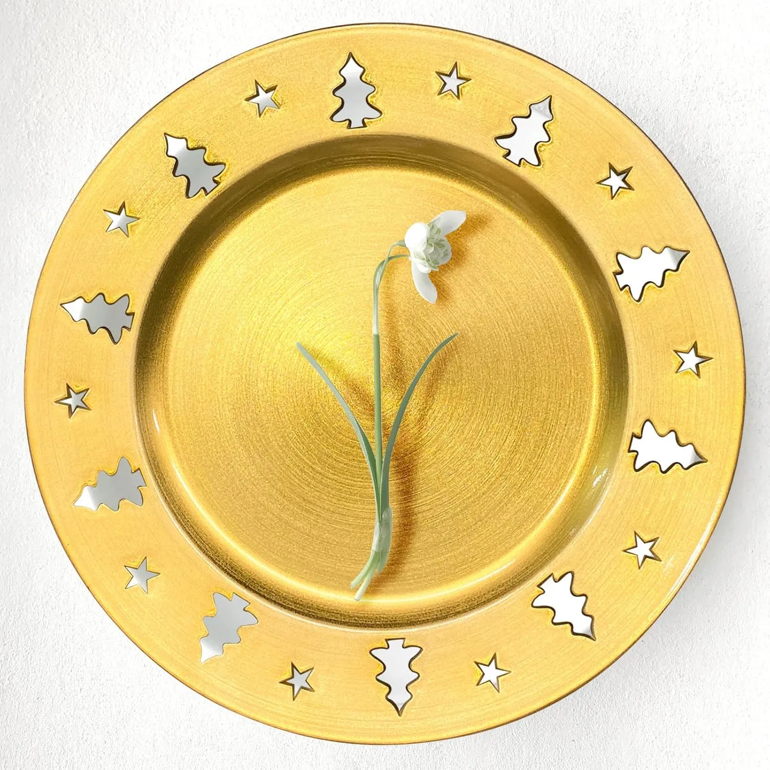 Gold Christmas Tree Charger Plates - 13" Reusable Openwork Holidays Party Decorations Round Chargers for Dinner Plate - Elegant Table Setting Centerpieces 6 Pack