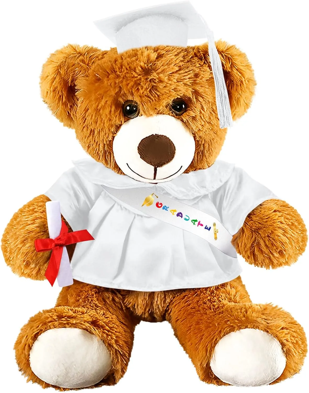 Graduation Bear 2025 with Gown Cap Tassel 9” White Graduation Stuffed Animal Plush Bear Toy for Class of 2025 Prek Preschool Kindergarten High School College Graduate Gift