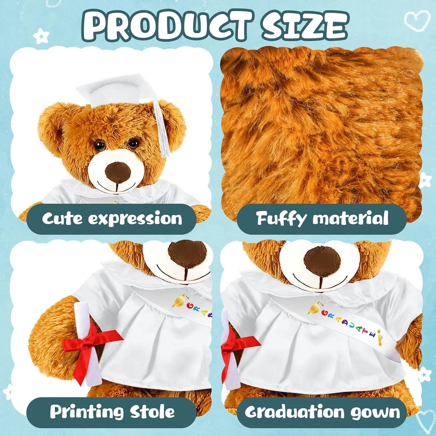 Graduation Bear 2025 with Gown Cap Tassel 9” White Graduation Stuffed Animal Plush Bear Toy for Class of 2025 Prek Preschool Kindergarten High School College Graduate Gift