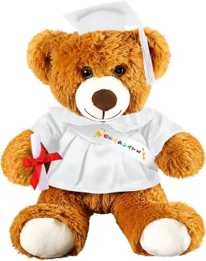 Graduation Bear 2025 with Gown Cap Tassel 9” White Graduation Stuffed Animal Plush Bear Toy for Class of 2025 Prek Preschool Kindergarten High School College Graduate Gift