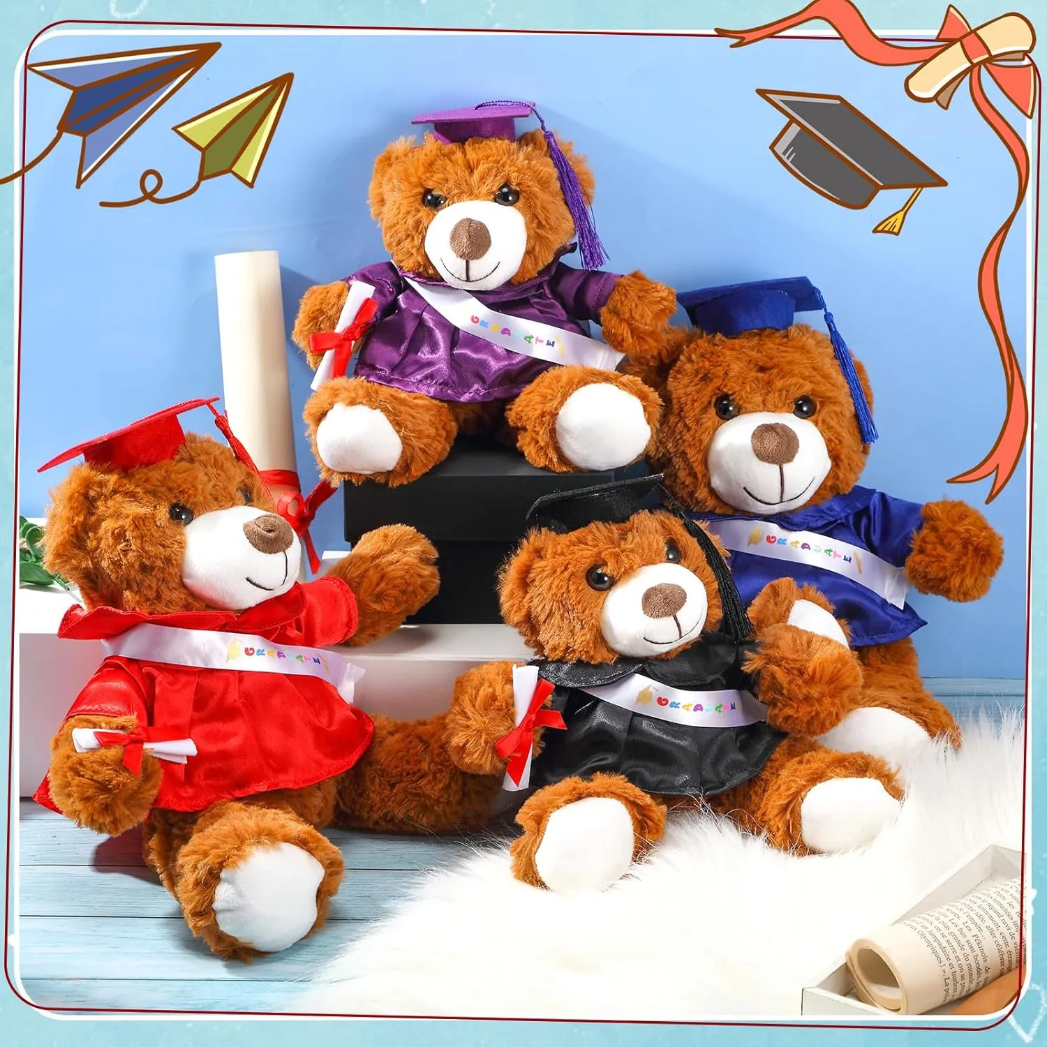 Graduation Bear 2025 with Gown Cap Tassel 9” White Graduation Stuffed Animal Plush Bear Toy for Class of 2025 Prek Preschool Kindergarten High School College Graduate Gift