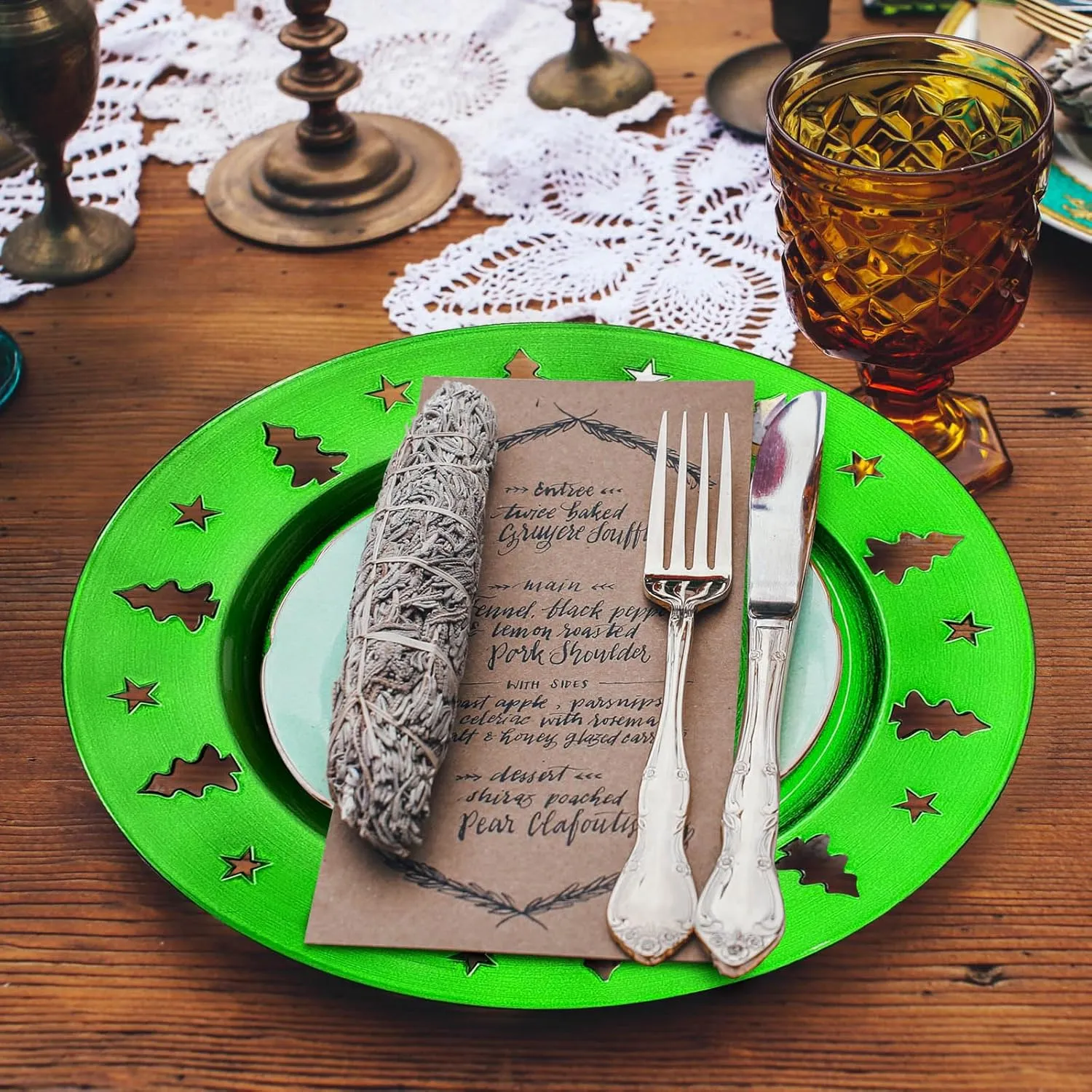 Green Christmas Tree Charger Plates - 13" Reusable Openwork Holidays Party Decorations Round Chargers for Dinner Plate - Elegant Table Setting Centerpieces 6 Pack