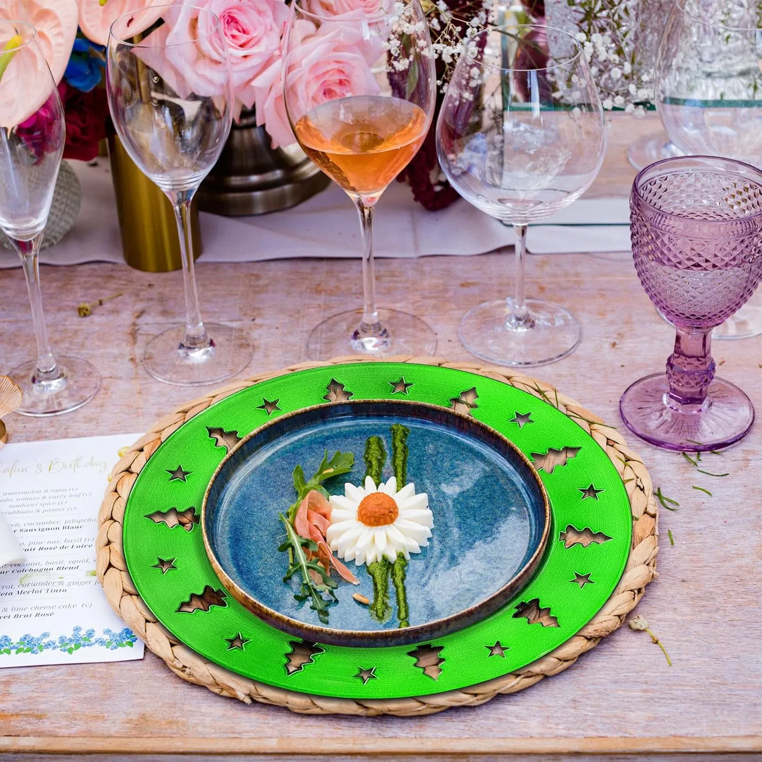 Green Christmas Tree Charger Plates - 13" Reusable Openwork Holidays Party Decorations Round Chargers for Dinner Plate - Elegant Table Setting Centerpieces 6 Pack