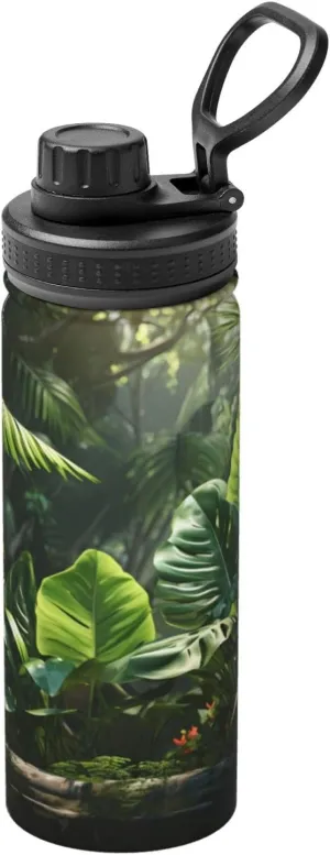 Green Tropical Jungle Plant 18oz Sports Insulated Kettle Stainless Steel Water Bottle For Running, Hiking, Cycling, Climbing