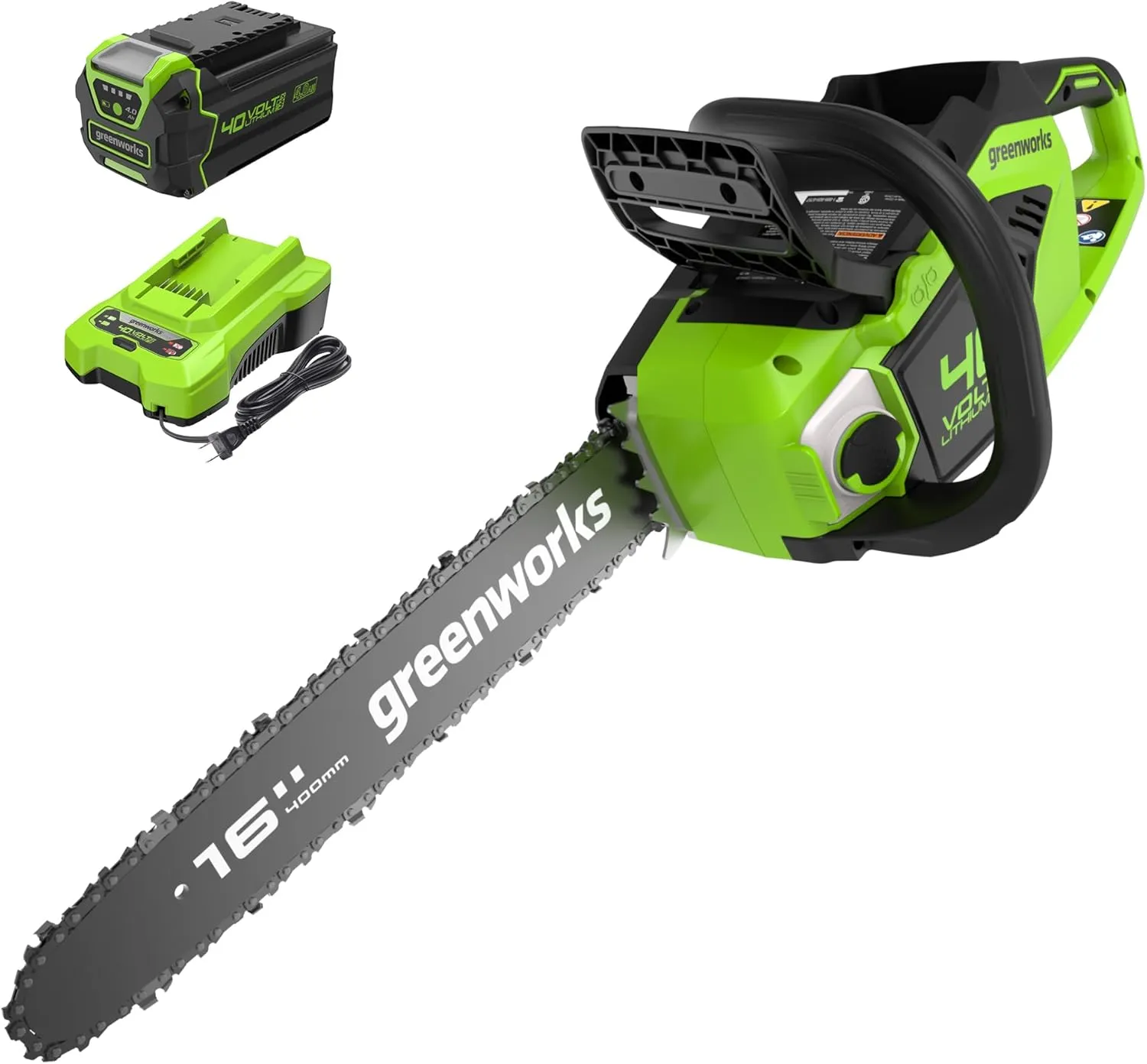 Greenworks 40V 16" Brushless Cordless Chainsaw (Gen 2) (Great For Tree Felling, Limbing, Pruning, and Firewood / 75  Compatible Tools), 4.0Ah Battery and Charger Included