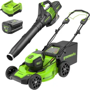 Greenworks 80V 21” Brushless (Self-Propelled) Cordless Electric Lawn Mower   (580 CFM) Axial Leaf Blower (75  Compatible Tools), 4.0Ah Battery and 60 Minute Rapid Charger, Green and Black
