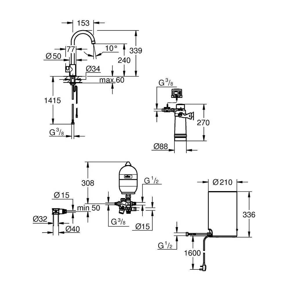Grohe Red Mono Chrome Pillar Tap and Medium Size Boiler