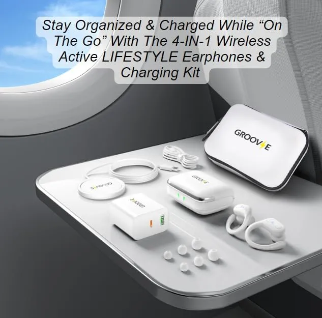 Groove Wireless Bluetooth Earbuds Over Ear Electronics | 4-in-1 Kit | Includes (2) Ear Buds (1) Rechargeable Case with Cable (1) Wireless Charging Pad for Mobile Phone (1) Travel Bag | Travel Kit