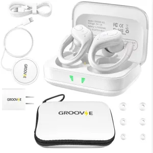 Groove Wireless Bluetooth Earbuds Over Ear Electronics | 4-in-1 Kit | Includes (2) Ear Buds (1) Rechargeable Case with Cable (1) Wireless Charging Pad for Mobile Phone (1) Travel Bag | Travel Kit