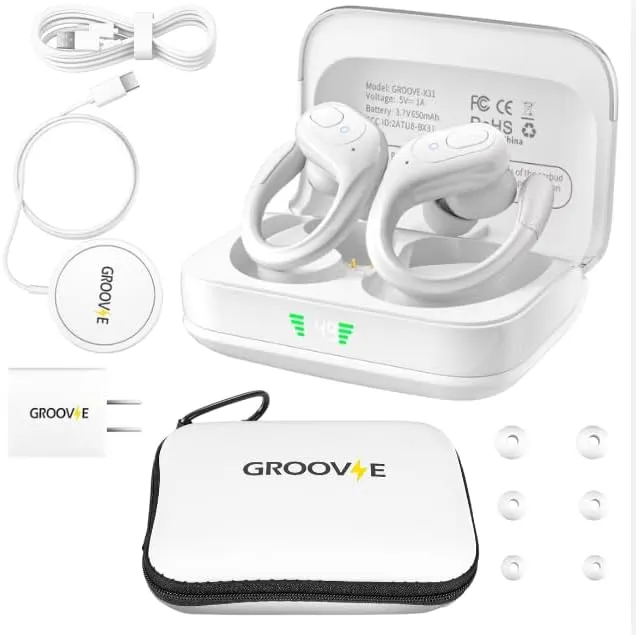 Groove Wireless Bluetooth Earbuds Over Ear Electronics | 4-in-1 Kit | Includes (2) Ear Buds (1) Rechargeable Case with Cable (1) Wireless Charging Pad for Mobile Phone (1) Travel Bag | Travel Kit