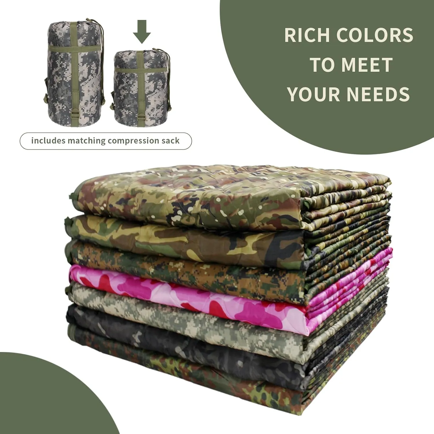 GRVCN Military Blanket - Camping Sleeping Bag with Zipper, Poncho Liner Thermal Insulated Blanket, Lightweight Portable Outdoor Hiking Survival Compression Carry Bag