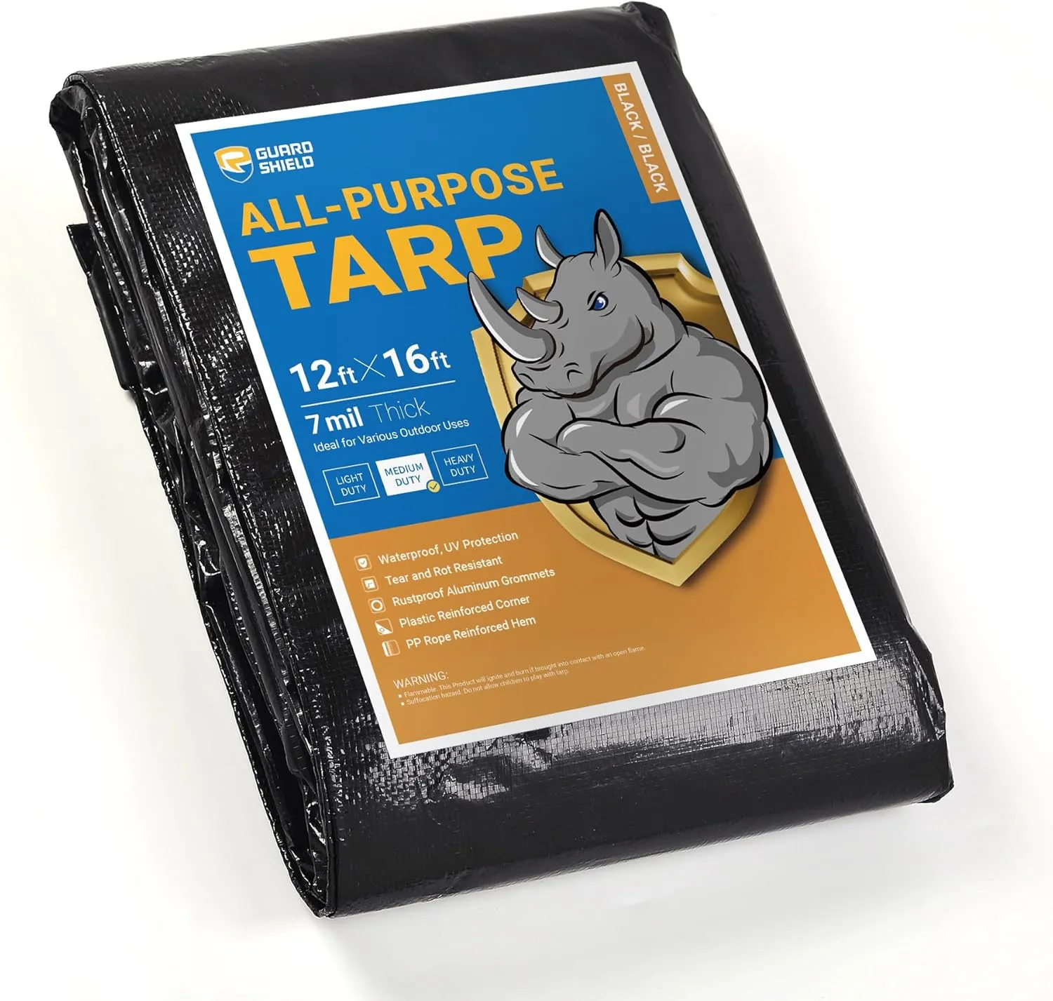 GUARD SHIELD Black Tarp Waterproof 12x16 Feet Medium Duty All Purpose Poly Tarps Cover 7mil