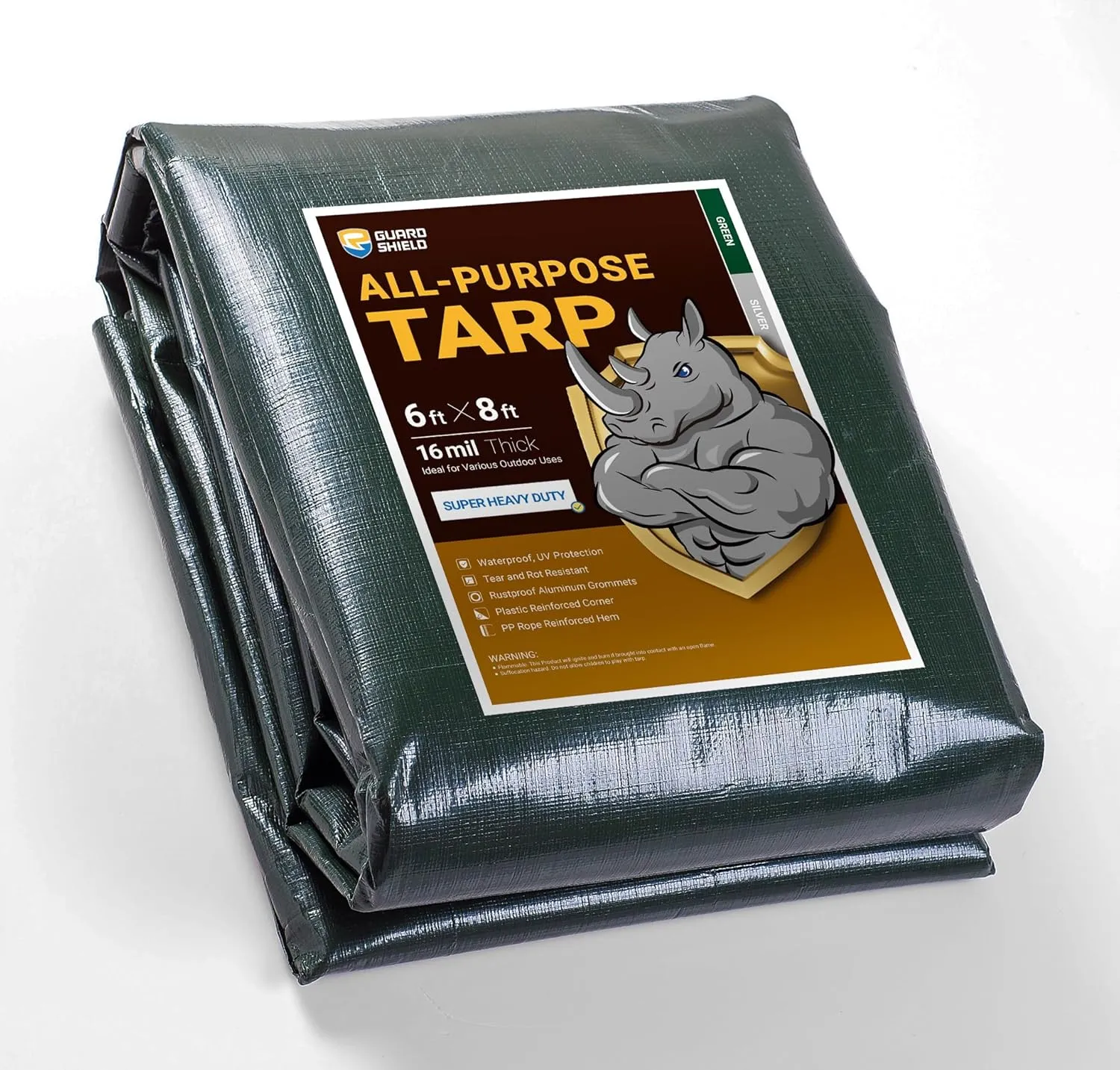 GUARD SHIELD Super Heavy Duty Green/Silver Poly Tarp Cover 6x8 Feet Waterproof 16mil Thick UV and Tear Resistant Tarpaulin with Grommets and Reinforced Edges