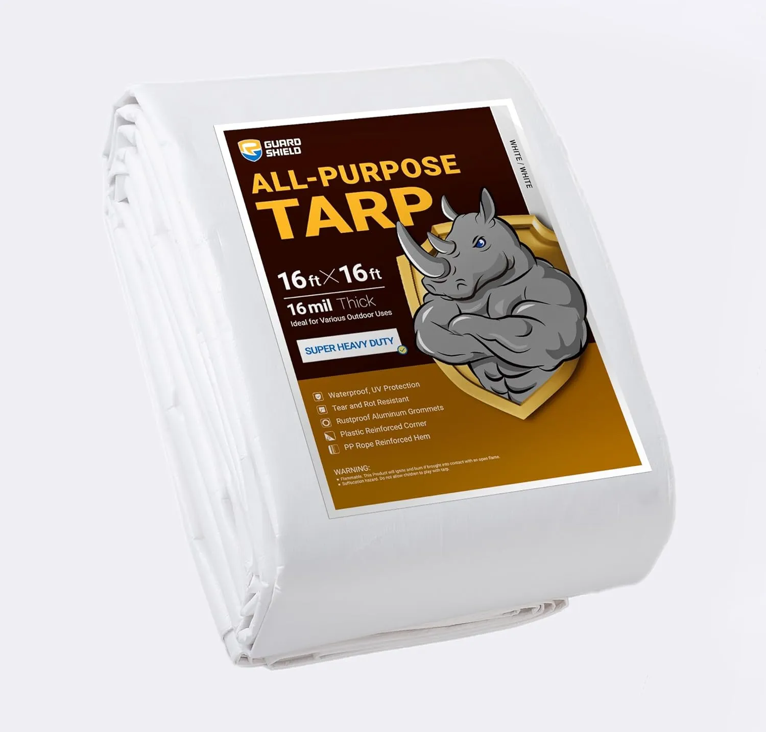 GUARD SHIELD Super Heavy Duty White Ploy Tarp Cover 16x16 Feet Waterproof Tarps 16mil Thick UV and Tear Resistant Tarpualin