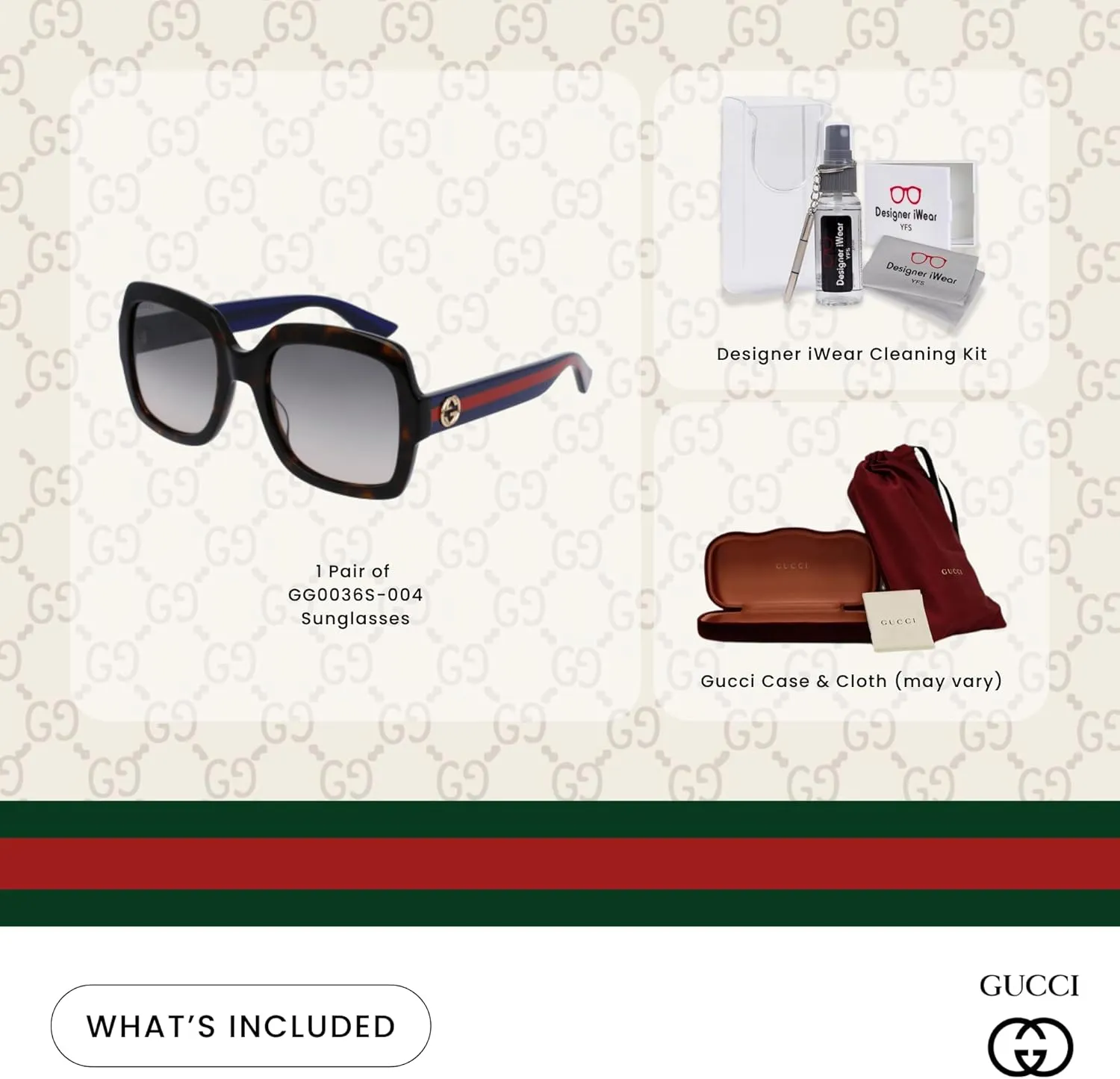 Gucci GG0036S Rectangle Sunglasses For Women   BUNDLE with Designer iWear Eyewear Care Kit