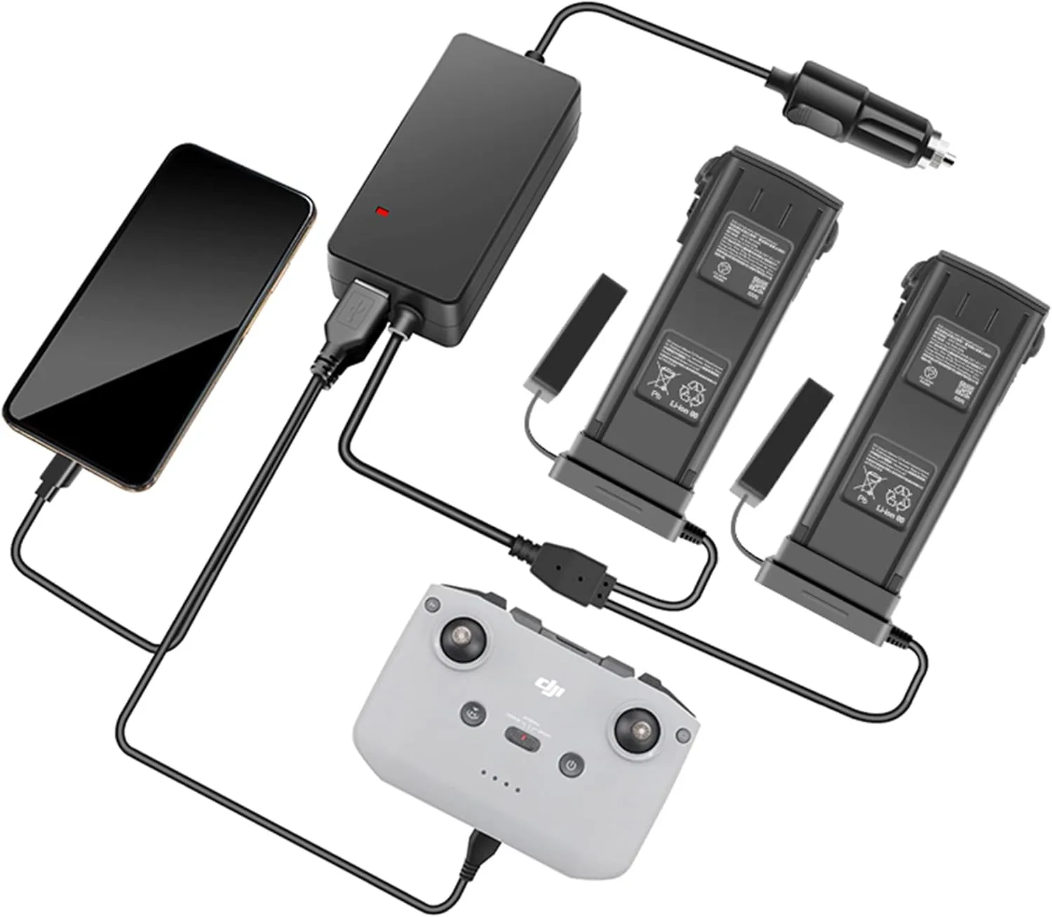 Hanatora 4 in 1 Battery Car Charger for DJI Mavic 3/Classic/Pro/Cine/Enterprise Drone,12V Charge (2xUSB   2 x Battery) Rapid Charging Hub Accessories