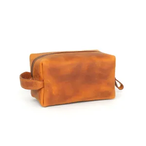 Handcrafted Leather Toiletry Bag for Cosmetics, Handmade Leather Dopp Kit to Keep Toiletries for Travels, Camel, Small