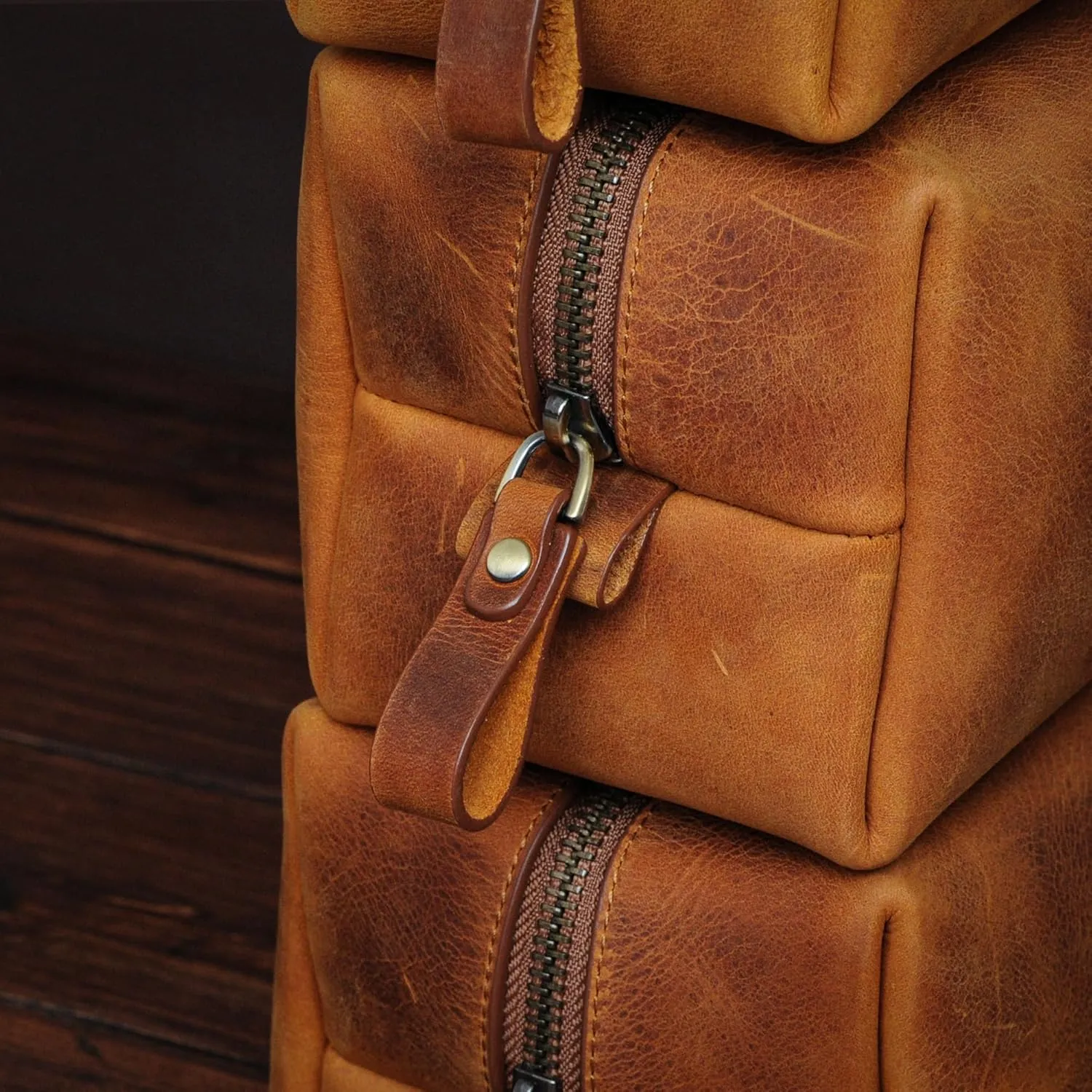 Handcrafted Leather Toiletry Bag for Cosmetics, Handmade Leather Dopp Kit to Keep Toiletries for Travels, Dark Brown, Medium