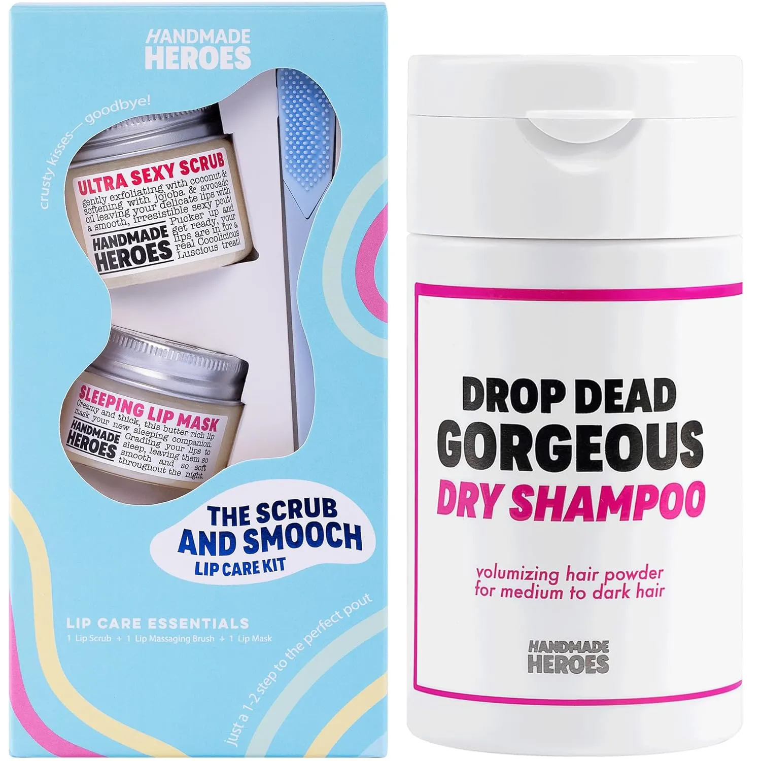 Handmade Heroes 100% Natural Lip Scrub and Lip Mask, Vegan Conditioning Coconut Lip Exfoliator and Volumizing Hair Powder Dry Shampoo Set (Brunette) - Clean Skincare